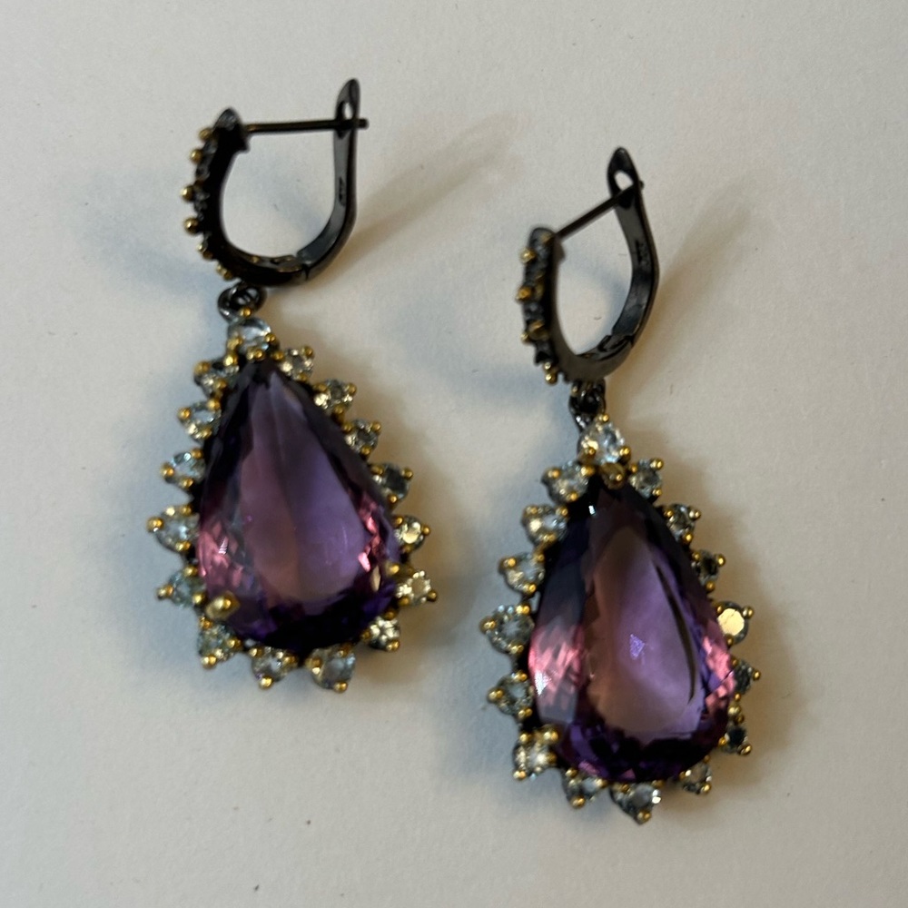 Exceptional Genuine  AAA+ Royal Purple Amethyst & Aquamarine Earrings - Picture 3 of 12